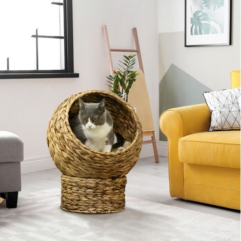Niche pour chat en jacinthe d’eau tressée avec coussin, marron, 42 x 33 x 52 cm, REDOM (1/5)