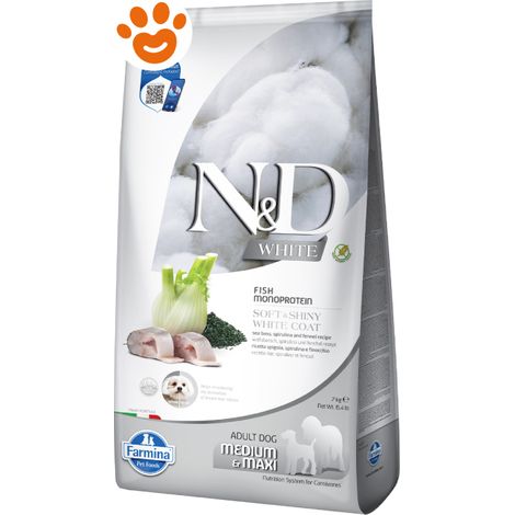 Farmina Dog N&D White Adult Medium Maxi Branzino, Finocchio e Spirulina - Sacco 2 Kg - Cibo Secco Cani