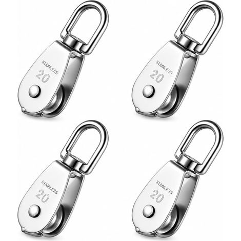 Lot de 4 poulies de poulie en acier inoxydable 304 M20 pour cordes - Rotatif à 360° - Avec mousqueton - Charge maximale : 75 kg - Pour voile d'ombrage, fitness, camping (1/5)