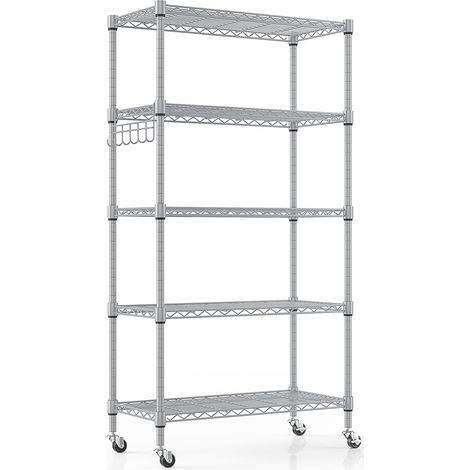 1 - Étagère Métallique - Étagère en Fil - 5 Niveaux Réglables avec Roues et Crochets pour Cuisine Salle de Bain Garage Argent 76x35x158cm