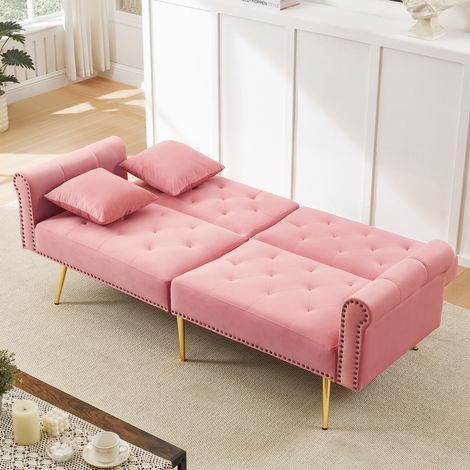 Canapé-lit moderne pour deux personnes, dossier réglable sur trois positions, pieds en métal doré, rose (1/5)