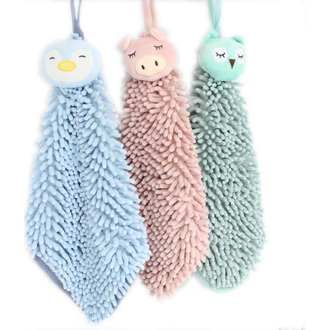 Ensemble de 3 serviettes douces et moelleuses en chenille avec des imprimés amusants de hiboux et de pingouins. (1/5)