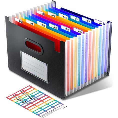 Trieur Document, 12 Pochettes Extensible, Vertical et Ouvert Sur le Dessus, Rangement Papier Administratif, Organiseur Portable de Factures Mensuelles, Onglets Colorés, Lettre/A4 - Noir (1/5)