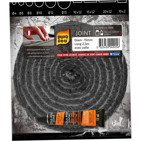 Joint tressé pour insert et poêle 2,5m Ø 15mm – Résistant jusqu'à 500°C – Colle réfractaire fournie pour installation facile – Pyrofeu