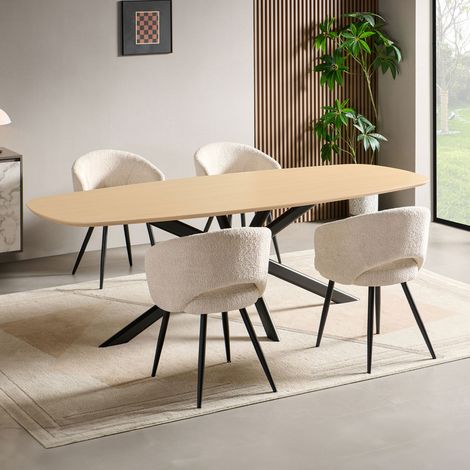 Ensemble table 200 cm effet chêne + 4 chaises tissu bouclette écru