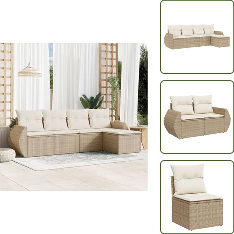 5-tlg. Garten-Sofagarnitur mit Kissen Beige Poly Rattan - Gartensortiment - Gartenmöbelset - Lounge Set - Rattan Gartenmöbel - Outdoor Lounge (1/5)