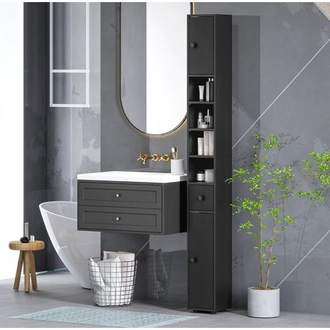 Meuble de salle de bains étroit 180 x 20 x 20 cm avec 4 niches et 2 placards noir OKMYHOME (1/5)