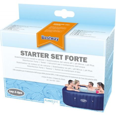 Kit de tratamiento de agua para spa BESTWAY con estabilizador de metales y cal + reguladores de pH + desinfección fuerte y 10 probadores