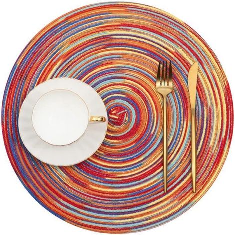manteles individuales redondos, lavables y resistentes al calor, de algodón trenzado rojo, de 38 cm, para uso en el comedor y en exteriores. (1/4)