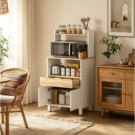 Mobile per microonde 60x40x131 cm in truciolare bianco e rovere salvaspazio – MEUBLIV (1/5)