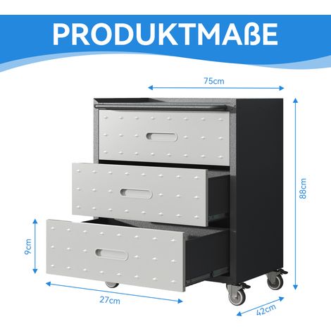 Armoire à outils robuste en métal avec roulettes – Armoire à outils à 3 tiroirs, 75 × 42 × 88 cm, noir/gris, pour garage, bureau et maison (1/5)