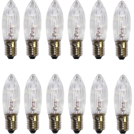 Pack of 12 E10 Replacement Bulbs - Warm White - 34V - 3W - For Chandelier - String Lights - Pointed Candle - 2700K [Energy Class G]