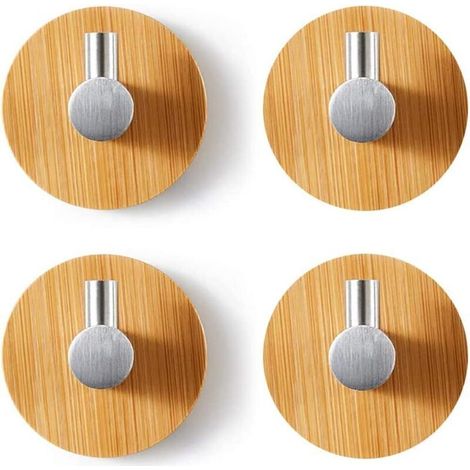 Set of 4 bamboo wall hooks, bamboo and stainless steel hooks, self-adhesive hooks, no-drill installation, self-adhesive towel hooks for bathroom, toilet (1/5)