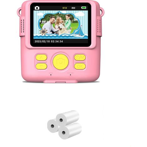 Appareil Photo Instantané Enfant - 1080P - Écran IPS 2,4 Pouces - Technologie Zero Ink - Rose - 3 Rouleaux Papier Photo Inclus