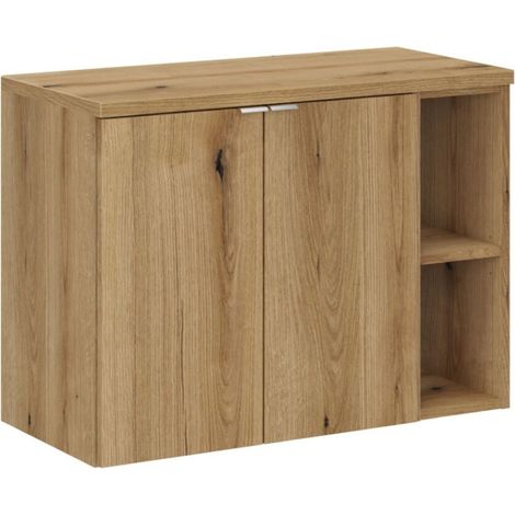 Hängendes Badezimmer-Set VANO in Eichenoptik 80cm: Unterschrank mit Schränken + offene Fächer + Platte für Waschbecken