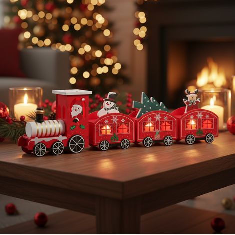 Trenino in legno di pioppo con locomotiva e 3 vagoni con luci LED integrate -Bianco (1/5)