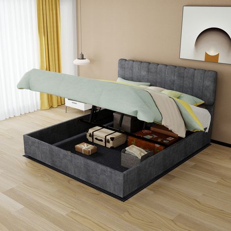Cama tapizada con cabecero suave, 160x200 cm, gris, mueble de dormitorio multifuncional, base alta con almacenamiento y mecanismo de elevación a gas, colchón no incluido. (1/5)