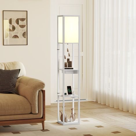 Lampadaire avec étagère à 3 niveaux, interrupteur au pied, ports USB, MDF, blanc (1/5)