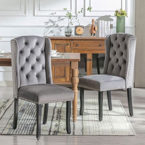 Chaise de salle à manger lot de 6, assise velours gris Chaise rembourrée, pieds en chêne, heurtoir chromé, clous tapissiers (1/5)