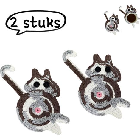 Lot de 2 dessous de verre crochetés avec motifs vache et chat pour décoration et isolation de table gris blanc et marron (1/5)