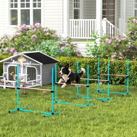 Ensemble d'agilité pour chiens 4 pièces réglable en hauteur, 4 haies + sac transport, 99 x 65 x 94 cm, bleu clair – entraînement chien extérieur/intérieur (1/4)
