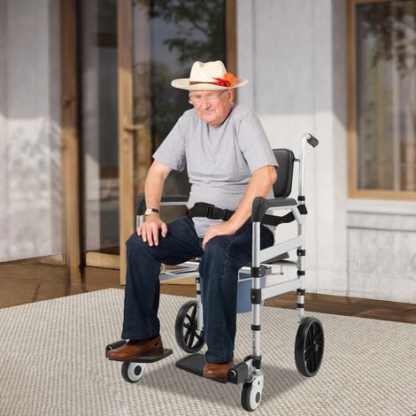 Klappbarer Badestuhl mit Rad, Rollstuhl mit Höhe- und Breiteneinstellung, multifunktionaler Badestuhl mit maximalem Gewicht von 150 kg