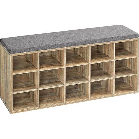 Vasagle – Banc à chaussures avec assise rembourrée – 15 compartiments – Capacité de charge 200 kg – Panneau d’aggloméré chêne bleu et gris – Montage facile