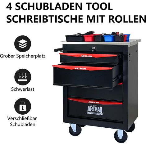 Chariot à outils multifonctionnel 4 tiroirs avec roulettes, métal roulant pour garage atelier entrepôt réparation, plateau en acier inoxydable noir et rouge (1/5)