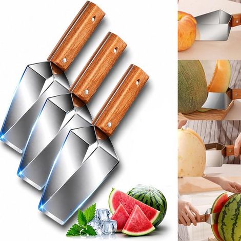 Cortador de melón de 3 piezas, Cortador de frutas, Cortador de sandía, Mango de madera, Utensilio para servir melón, Acero inoxidable, Frutas (1/5)