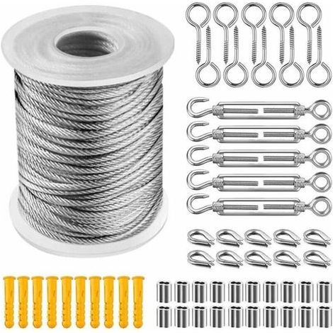 Cable Inox Kit, Cable Acier Gainé 2mm + Piton à Visser + Tendeur Cable Inox Serre + Vis, Cable Acier Pvc Plastifié Suspension Corde A Linge Pour Rideaux Antivol Garde Corps, Terrasse Exterieur (20m) (1/5)