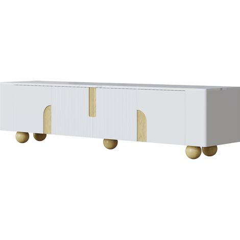 Weiße TV-Kommode 180 cm mit 4 Türen, Marmoroptik und kugelförmigen Holzfüßen (1/5)