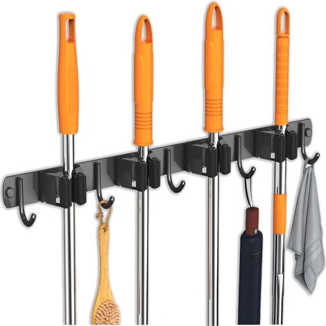 Porte-balai mural inox - 4 emplacements et 5 crochets - Fixation vis ou autocollante - Pour cuisine, salle de bain et garage - 49 cm-noir (1/5)