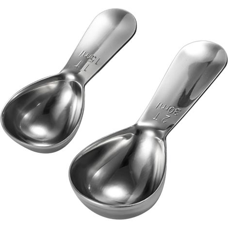 Set aus 2 kurzen Messlöffeln aus Edelstahl (1 und 2 Esslöffel) für Kaffee, Tee und Zucker.