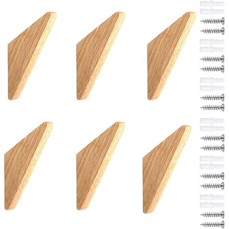 Lot de 6 patères en bois d'hévéa, crochets muraux, design rustique et robuste pour suspendre serviettes, manteaux et plantes, 14,2 x 4,4 x 2 cm (1/5)