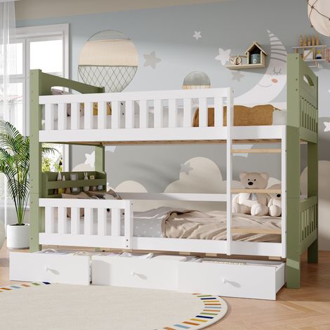 MODFU – Letto a castello per bambini 90x200 cm in pino/MDF con 3 cassetti, mensola, scala, carico 120 kg e EN 747 – Bianco/verde (1/5)