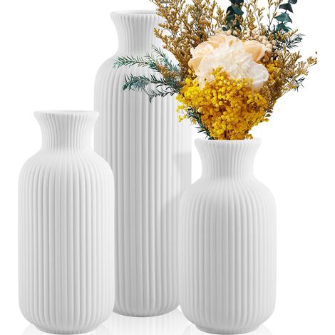 Vase en Céramique Blanc Lot de 3 (Grand + Moyen + Petit) Vase pour l'herbe de la Pampa Vase Moderne Design Blanc pour Décoration de Table et Fleurs Séchées, la Maison, Bureau (1/5)