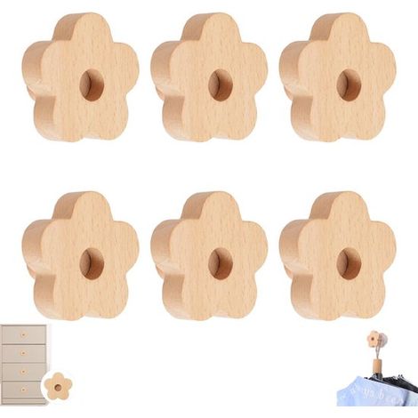 6-teiliges Set: Massivholzhaken, Holzknöpfe mit Blumenmuster, einlochiger Buchengriff, Holzgriffe mit Blumenmuster, einlochige Buchengriffe, Holzmöbelknöpfe, Schrauben und Saugnäpfe inklusive.