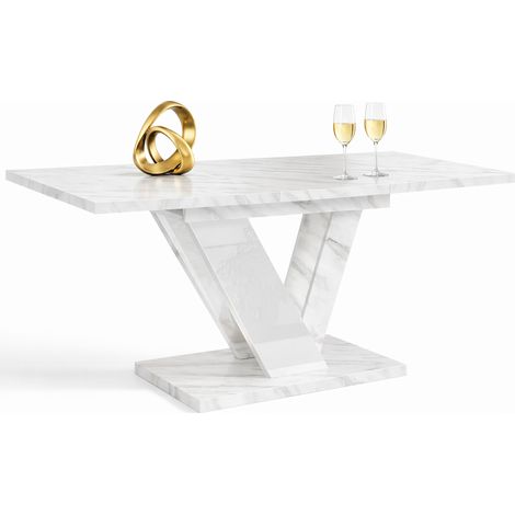Table à manger extensible DUBLIN Marbre Blanc et Blanc laqué 120 à 160 cm 6 personnes