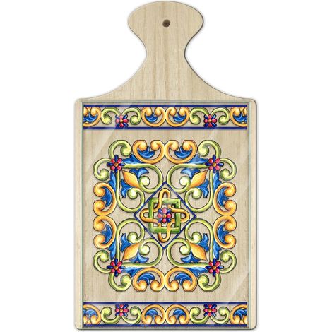 Lupia - Tagliere in Legno Decorativo con Vetro stampato a colori multiuso con manico 16x29 cm MAIOLICA YELLOW (1/4)