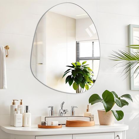 Miroir Mural Irrégulier Asymétrique Moderne Miroir Mural Adhésif en Verre HD pour Coiffeuse, Salle de Bain, Salon, Entrée (1/5)