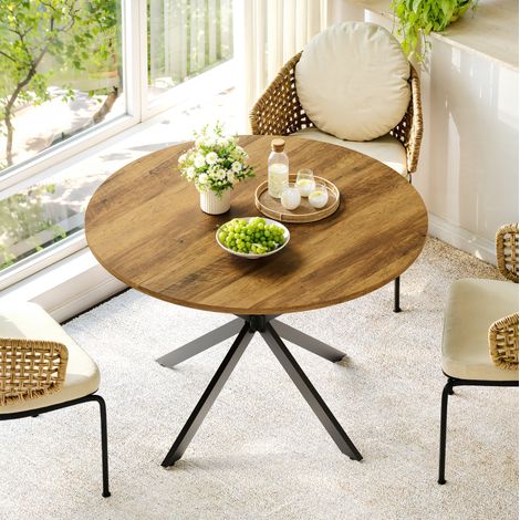 Table à manger ronde 4-6 places 120x120x78 cm style industriel, pour salon et cuisine, en bois marron et pied en fer, marron clair et noir (1/5)