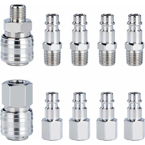 Raccord Rapide de Compresseur 1/4"BSP Coupleur Pneumatique d'air Kit Raccords de Tuyau Connecteur Homme Femme 10 Pièces (1/5)