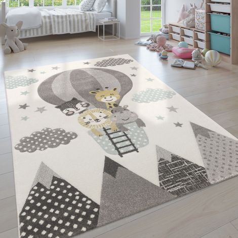 Paco Home Grazioso Tappeto per la Cameretta dei bambini Mongolfiera Nuvole Allegri Animali in Crema Pastello 120x170 cm