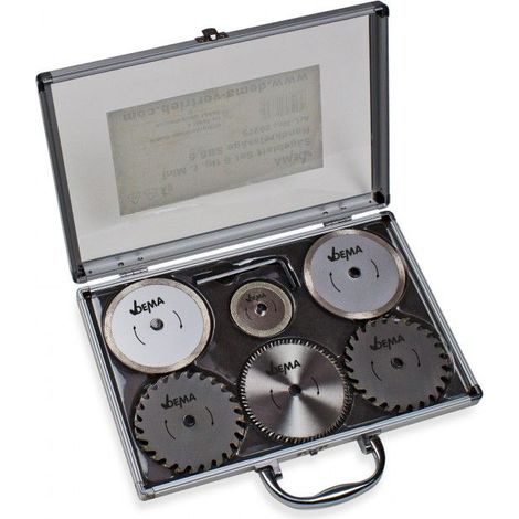 Dema – Set de 6 lames de scie 85mm et 50mm – HSS et carbure pour bois, plastique et carreaux – Montage central 10mm – Coffret de transport inclus