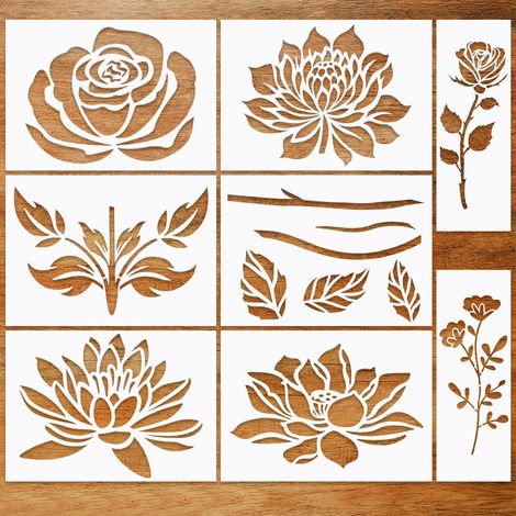 8 Pièces Pochoir de Peinture Grande Fleur, Modèles de Pochoir Rose, Pochoirs de Dessin de Peinture pour Clôture de Jardin Bois Meubles Mur Maison Décor 11.8 x 8.5" (1/5)