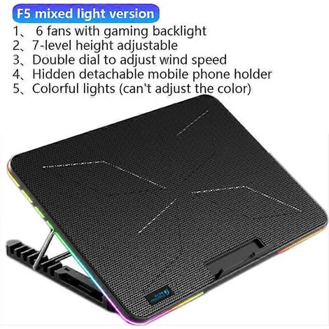 Refroidisseur pour ordinateur portable de jeu RGB 12-17 pouces, support de refroidissement à six ventilateurs avec écran LED, support de refroidissement pour ordinateur portable avec deux ports USB (é (1/5)