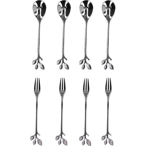 Lot de 8 cuillères à café en acier inoxydable, motif branches, fourchettes à fruits, cuillères à dessert, confiture, glace, thé, couleur argent (1/4)