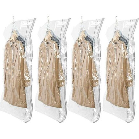 Sacs de rangement sous vide pour vêtements suspendus, lot de 4 (105 × 70 cm), pour costumes, manteaux, vestes, gain de place de 80 %, rangement de placard (1/5)