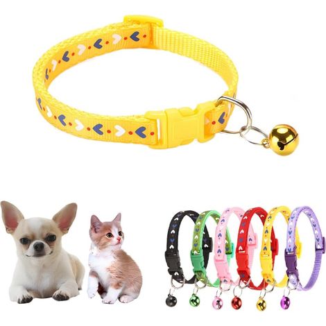 Yellow XXS Dog Collar with Bell,Puppy Collar Boy Soft Cat Collars Nylon Buckle Heart Adjustable 19-32cm for XXS Xs Small Pet Dogs Animal Litter Tiny Kitten (1/5)