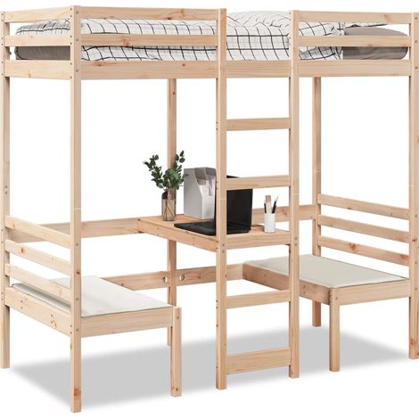 Cama alta con escritorio y asientos madera maciza 80x200 cm